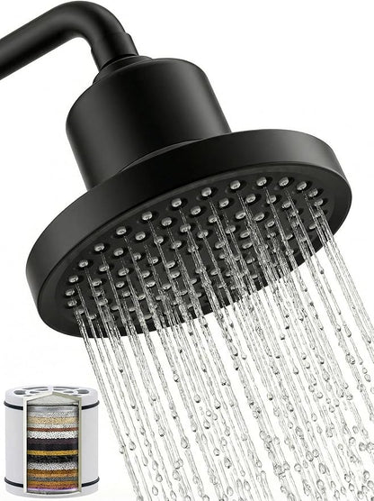 Black Fixed Shower Head and 25 Stage Shower Filter Combo, High Pressure 7 Spray Settings Filtered Showerhead with Water Softener Filter Cartridge for Hard Water
