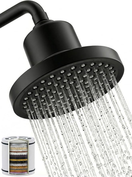 Black Fixed Shower Head and 25 Stage Shower Filter Combo, High Pressure 7 Spray Settings Filtered Showerhead with Water Softener Filter Cartridge for Hard Water