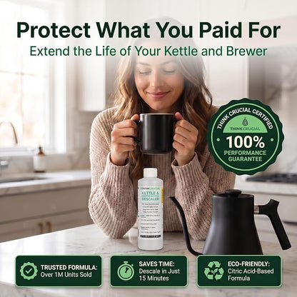 Think Crucial Kettle & Coffee Maker Descaler, 15 Uses, Best Value Per Descale — Compatible with Fellow, Stagg EKG, Corvo, Clyde, Aiden Brewer — Unscented Clear Liquid — 8 fl oz