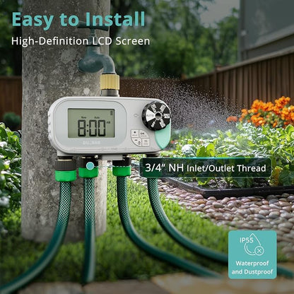 QUOBAS Sprinkler Timer for Garden Hose, Programmable Brass Water Timer | 4 Zone Hose Timer with Child Lock for Drip Irrigation, Pool, with Rain Delay/Auto/Manual, Waterproof Screen & Battery Powered