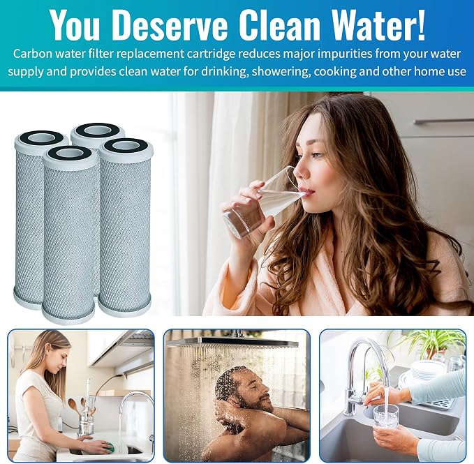 CFS 10"x2.5" CTO Water Filters Compatible for CB3, GE FXUVC, FXULC | Compatible with CB3, GE FXUVC, FXULC, CBC-10 Removes Bad Taste Whole House Filters 4 PACK– 0.5 Micron – 10" x 2.5"