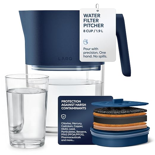 LARQ Water Filter Pitcher, 8-Cup - Removes Lead, PFAS, Chlorine & HAA5 | NSF-tested Nano Zero plant-based filter keeps healthy minerals; BPA-free, fits fridge, 60-gal filter, water jug, Monaco Blue