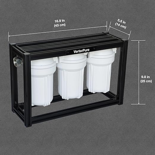 S3 Mini External 3-Stage RV Fresh Water Filter System, Compact, 5 Inch Filters, 3/4" GHT Stainless Steel Fittings, Reduce Sediment, Chlorine, Odor, All Aluminium Free-Standing Chassis, Black