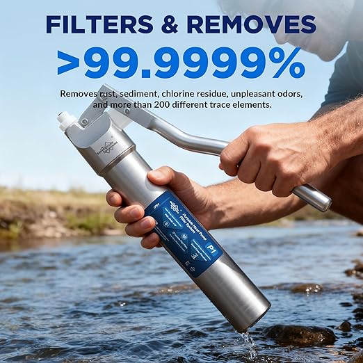 Membrane Solutions Portable Stainless Steel UF Water Filter P1, 0.01-Micron high Precision Detachable Hand Pump Filter System, Survival Gear for Hiking, Camping, Travel, and Emergency Preparedness