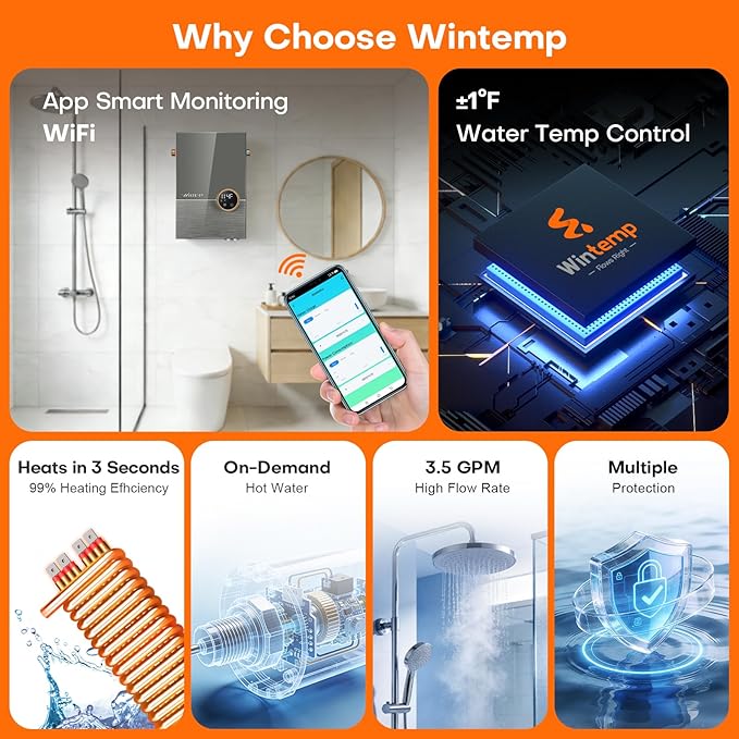 Tankless Water Heater Electric 14.4kW, 240 Volt On Demand Instant Hot Water Heater, Within 1℉ Stable Temp, Up to 3.5GPM, WiFi Control, ETL Certified, Eco, WM15