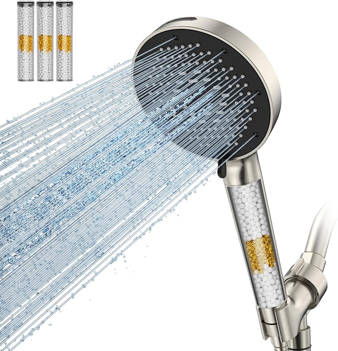 SR SUN RISE NSF Certified Filtered Shower Head 9-Spray Setting with Handheld for Hard Water to Remove Chlorine High Pressure Anti-Clog Nozzles (4 Filters, Brushed Nickel)