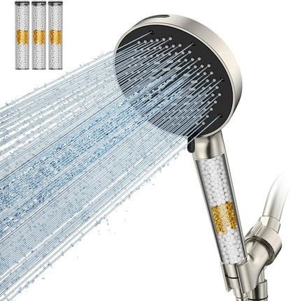 SR SUN RISE NSF Certified Filtered Shower Head with Handheld for Hard Water to Remove Chlorine High Pressure 9-Spray Setting (with Power Wash) Anti-Clog Nozzles (4 Filters, Brushed Nickel)