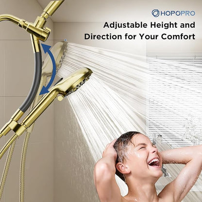 Dual Filtered Handheld Shower Heads Combo, HOPOPRO 15-Mode High Pressure Rainfall Showerheads Combo Set with Filter, for Hard Water, Removes Chlorine, Improves Skin Hair Condition, Modern Gold