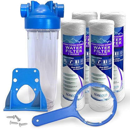 10 Inches European Design Transparent Standard Whole House Water Filter System with Presser Relief Valve, 3/4” Inlet/Outlet Brass Port and Yearly Supply (4) Wound Spring Sediment Cartridges 5 Micron