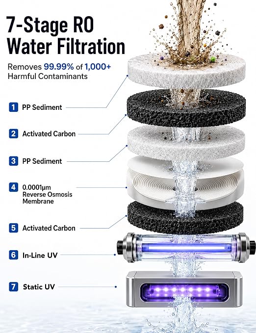 Leysern Hot & Cold Countertop Reverse Osmosis Water Filter, No Installation | 7-Stage RO Filtration with UV, Dual-Thermoelectric Cooling, Water Purifier with TDS Monitor, NSF 372 Certified, White