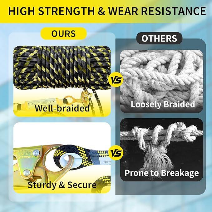 150FT Vertical Lifeline Assembly, Heavy Duty Fall Protection Safety Rope with Rope Grab, Steel Snap Hooks & Shock Absorber, Industrial Tower Climbing Safety Line Kit, ANSI CE