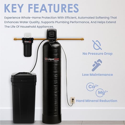 LiquaGen Whole House Salt-Based Water Softener System – Smart Digital Metered Valve with Pre-Loaded 10% Resin, Gravel Bed, Metal Bypass Valve + Sediment Pre-Filter (1-3 Bathrooms)