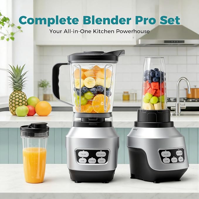 DUMOS Smoothie Blender for Kitchen with 6 Blades, Personal Blender for Smoothies with 24 34 60 oz BPA-Free Cups, Large Capacity, Portable and Easy Clean, for Ice Crush, Shakes, Sauces, Silver