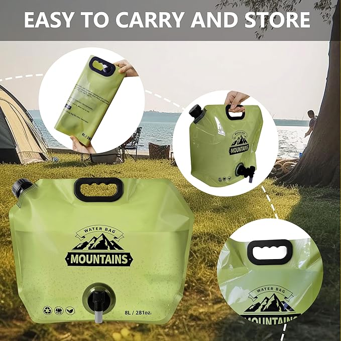 8L Collapsible Water Bag BPA-Free Foldable Water Container Leakproof Portable Water Jug Emergency Water Storage Carrier for Camping Hiking Backpacking RV Travel Fishing Outdoor Survival Gear Green