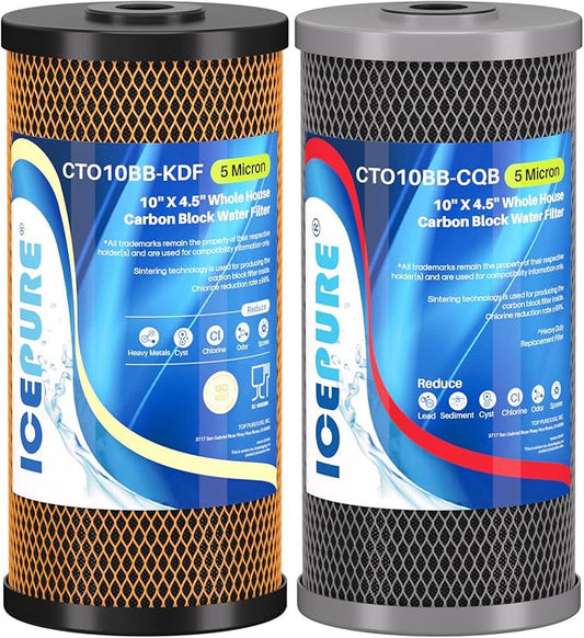 ICEPURE 2-Stage 10" x 4.5" Whole House Carbon Water Filter Set, KDF Heavy Metal Removal Cartridge and Lead Removal Cartridge Replacement for WFHDC8001, CB-BB-10, FXHTC, Pack of 1