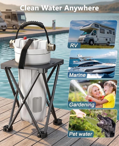 4-Layer Filtration RV Water Filter with Cartridge Inspection Window | Replaceable Filter, Anti-Tip Stand, Metal-to-Metal Threads, Removes Chlorine, PFAS, Heavy Metals, VOCs, Bad Taste, and Odor