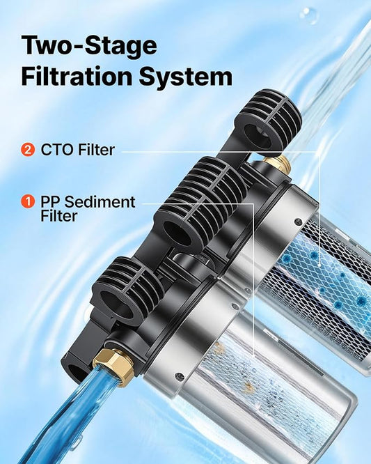 VEVOR RV Water Filter System, 5-Micron Dual Stage Premium RV Water Filtration System with Two Cartridges and 3/4" Fitting for RVs & Campers, Reduces Sediment, Chlorine, Heavy Metals, Odors and More