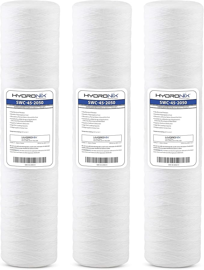 Hydronix HX-SWC-45-2050/3 String Wound Water Filter Cartridge For Whole House, Well, Commercial 4.5" x 20", 50 Micron 3 Pack, White