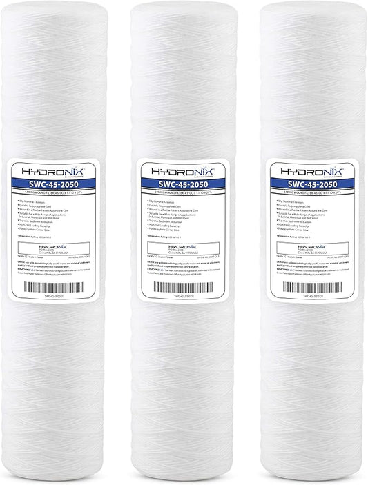 Hydronix HX-SWC-45-2050/3 String Wound Water Filter Cartridge For Whole House, Well, Commercial 4.5" x 20", 50 Micron 3 Pack, White