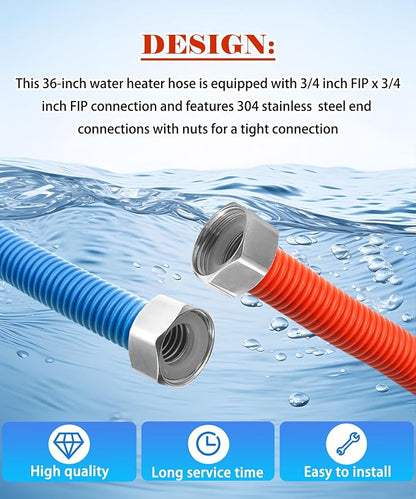 36 inch Flexible Stainless Steel Corrugated Water Heater Hose | 3/4" FIP x 3/4" FIP Water Heater Supply Lines Fit For Water Softener Hot &Cold Water Hose