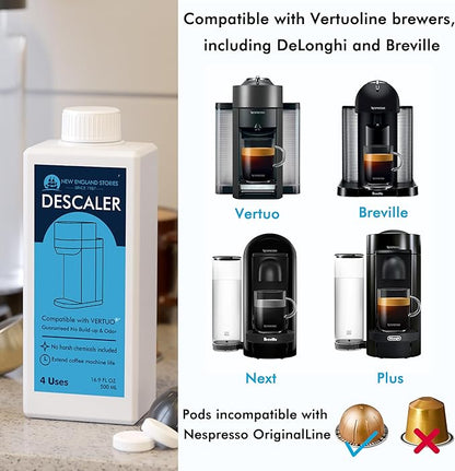 (12 Months Supply) Descaling Kit Compatible with Nespresso Vertuo, Odorless Coffee Brewer Machine Descaler Set, Liquid Descaling Solution for Nespresso, Includes Reusable Pod and 12 Cleaning Tablets