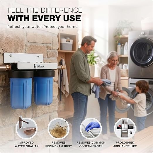 iFilters 2-Stage 10" Well Water Whole House Filtration Complete Commercial Grade System | Removes Sediment, Chlorine, Rust, Odor, Taste, Iron, Heavy Metals | Dual Stage with 1" Ports
