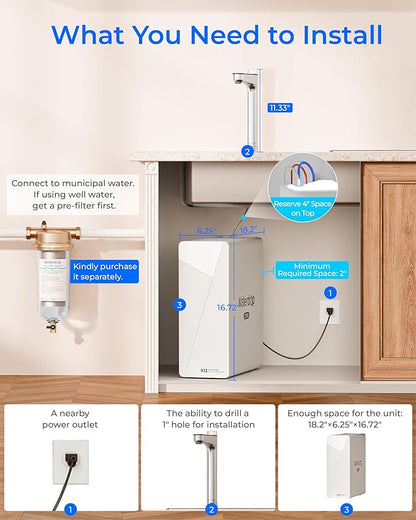 Waterdrop X12-WCS RO Water Filter, NSF/ANSI 42&58&372 Certified, 1200 GPD Undersink Reverse Osmosis System, 10-Stage Filtration, 3:1 Pure to Drain, Smart Faucet, BPA Free, [ NO Minerals Added ]