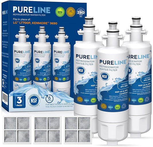 Pureline 9690, LT700P Replacement for LG LT700P, Kenmore Elite 9690, Kenmoreclear 46-9690, ADQ36006101, HDX FML-3, Refrigerator Water Filter - With 3 LT120F Air Filters
