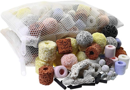 Aquarium Filter Media 15-in-1 Mineral Balls & Ceramic Rings - 500g with Zippered Mesh Bag for Fish Tank/Pond Filters