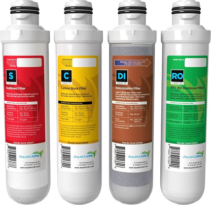 Aquatic Life Twist-In Reverse Osmosis Aquarium Water Filter Replacement Cartridge Pack, Includes 75 GPD Membrane, Sediment, Carbon Block and Deionization DI Filters for 3 and 4-Stage RO/DI System