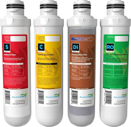 Aquatic Life Twist-In Reverse Osmosis Aquarium Water Filter Replacement Cartridge Pack, Includes 75 GPD Membrane, Sediment, Carbon Block and Deionization DI Filters for 3 and 4-Stage RO/DI System