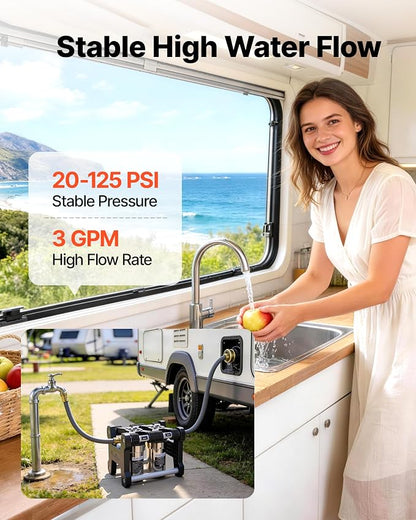 VEVOR RV Water Filter System, 5-Micron Dual Stage Premium RV Water Filtration System with Two Cartridges and 3/4" Fitting for RVs & Campers, Reduces Sediment, Chlorine, Heavy Metals, Odors and More