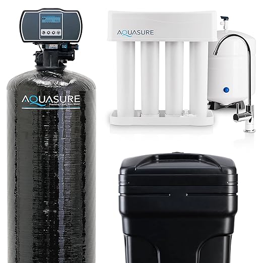 Aquasure 64,000 Grains Whole House Water Filter Bundle with Automatic Digital Metered Control Softener and 75 GPD RO Reverse Osmosis Drinking System | Removes Hardness | Ideal for 4-6+ bathrooms