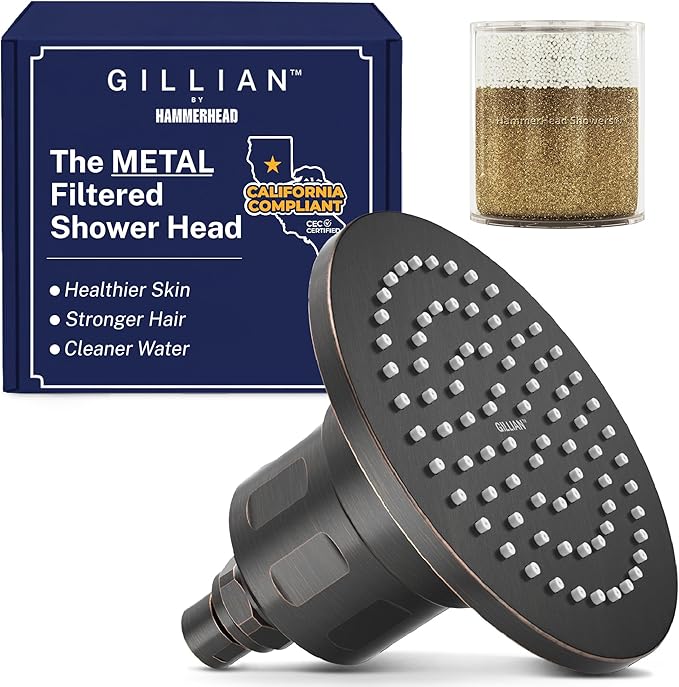 Gillian™ by HammerHead High Pressure Shower Head with Filter – KDF-55 Filtered Shower Head for Hard Water, Healthier Skin & Hair – Metal 6-Inch Rainfall Showerhead with Filters, Oil Rubbed Bronze