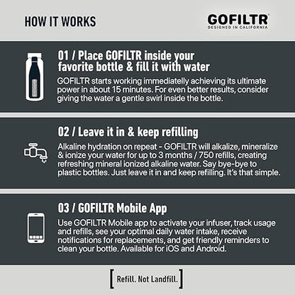 GOFILTR Alkaline Water Infuser - 9.5 pH + Electrolytes for Any Water Bottle/Small Pitcher, 750 Refills / 3 Months, Ionized Mineral Water Infuser (1 Pack)