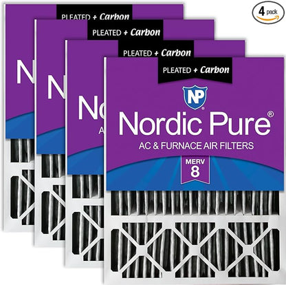 Nordic Pure 20x25x5 Pleated MERV 8 Plus Carbon Air Filters 4 Pack | Actual Size: 19 7/8 x 24 7/8 x 4 3/8 Honeywell Replacement Made in USA, Standard HVAC & Furnace Filtration
