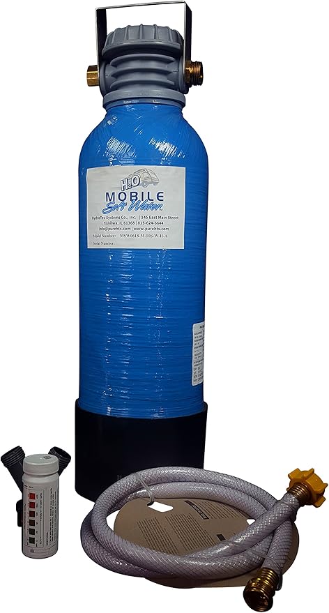 Premier 8,000 gr RV Softener - NSF 61 Brass GH Fittings - Portable - Manual Regenerate for RV, Cabins, Tiny Homes with Hardness Test Strips, Regeneration Valve, and 4ft-1/2 ID Hose
