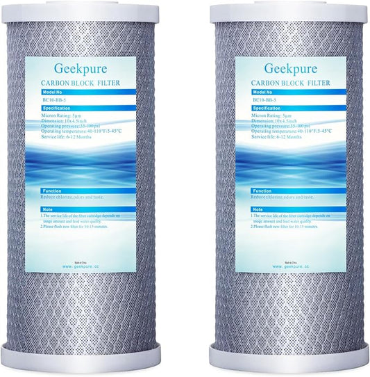 Geekpure 10-Inch Carbon Block Replacement Water Filter Cartridge for Whole House System-4.5" x 10"-5 Micron -Pack of 2