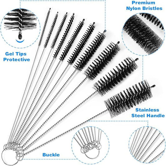 Ixiaoyoo Cleaning Brushes Set, 10 Pieces 8 Inch Nylon Tube Brush + 60 Inch Flexible Long Drain Brush, Hose Pipe Brush, Suitable for Home Kitchen, Bathroom, Fish Tank, Water Pump Accessories (Black)