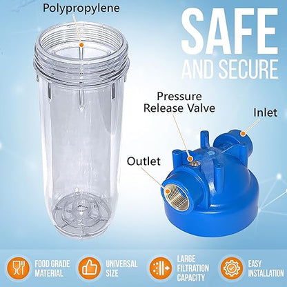 10 Inches European Design Transparent Standard Whole House Water Filter System with Presser Relief Valve, 3/4” Inlet/Outlet Brass Port and Yearly Supply (4) Pleated Sediment Cartridges 5 Micron