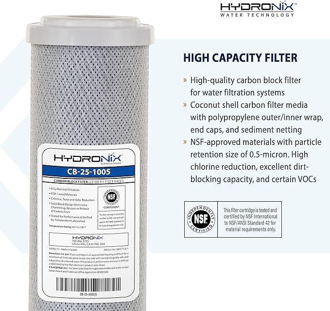 Hydronix CB‑25‑1005 Whole House Coconut Carbon Block Water Filter – 5-Micron Replacement Cartridge for RO & Drinking Water Systems | Standard 2.5 x 10 Inch Filter Housings | 6-Month Replacement