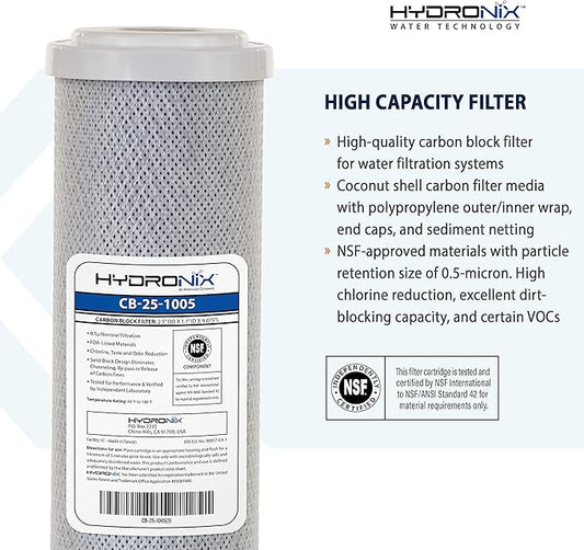 Hydronix CB‑25‑1005 Whole House Coconut Carbon Block Water Filter – 5-Micron Replacement Cartridge for RO & Drinking Water Systems | Standard 2.5 x 10 Inch Filter Housings | 6-Month Replacement