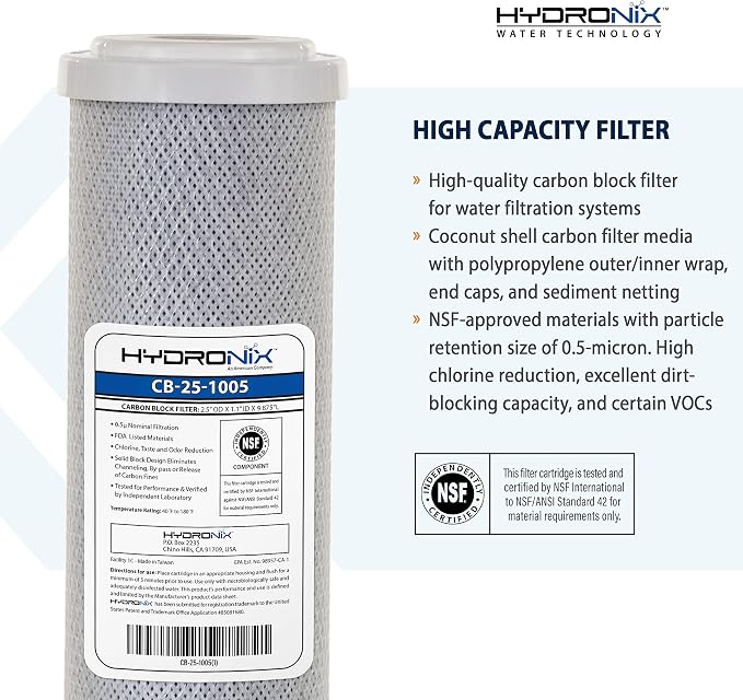Hydronix CB‑25‑1005 Whole House Coconut Carbon Block Water Filter – 5-Micron Replacement Cartridge for RO & Drinking Water Systems | Standard 2.5 x 10 Inch Filter Housings (2 Pack)