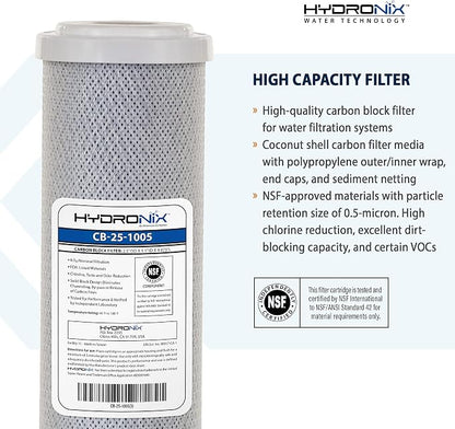 Hydronix CB‑25‑1005 Whole House Coconut Carbon Block Water Filter – 5-Micron Replacement Cartridge for RO & Drinking Water Systems | Standard 2.5 x 10 Inch Filter Housings (2 Pack)