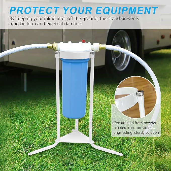 Upgraded RV Water Filter Stand with Triple-Prong Base, RV Filter Holder for Soft Soil & Hard Concrete Surfaces, Enhanced Stability & Anti-Kink Design - 1 Pack