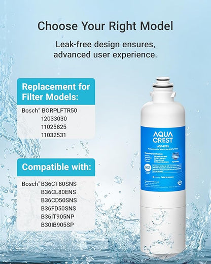 AQUA CREST 12033030 Replacement for Bosch® UltraClarity® Pro BORPLFTR50, 11032531 Refrigerator Water Filter, Compatible with 11025825, BORPLFTR55, B36CD50, B22CS50, B36FD50SNS, B36CT80SNS, 3 Filters