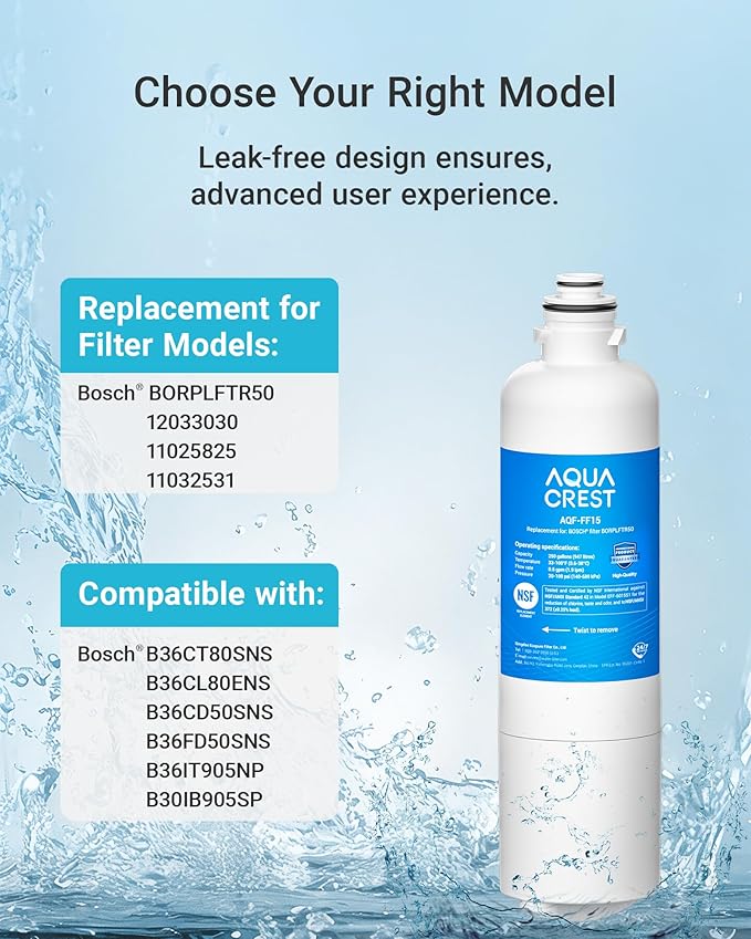 AQUA CREST 11032531 Replacement for Bosch® UltraClarity® Pro BORPLFTR50, 12033030 Refrigerator Water Filter, Compatible with 11025825, 12028325, BORPLFTR55, REPLFTR50, B36CT80SNS, WFC100MF, 1 Filter