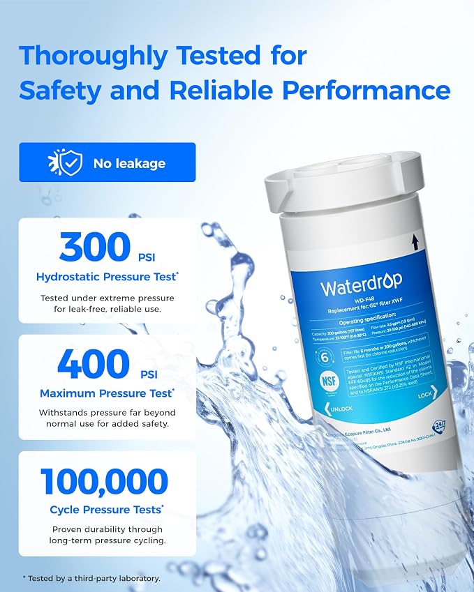 Waterdrop XWF Water Filter Replacement for GE® WR17X30702, 3 Pack, No chip | Replacement for GE® XWF, NSF 42 & 372 Certified, Compatible with GE® GNE27, GFE26, GDE25, GSS25, PSE25 Series Refrigerators