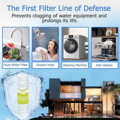 10 Micron Whole House Water Filter Cartridge, String Wound Sediment Filters for Well Water, Universal Replacement for Any 10 inch RO Unit - 10" x 2.5" Cartridges - Pack of 6