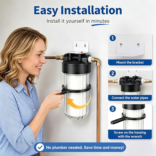Whole House Water Filter Housing with Sediment Filter, 10"x4.5" Transparent Housing, Reduces Sediment, Rust, Dirt, Pre-Filtration System for City and Well Water, Included 1 Pack PP Filter, 2 Vavles